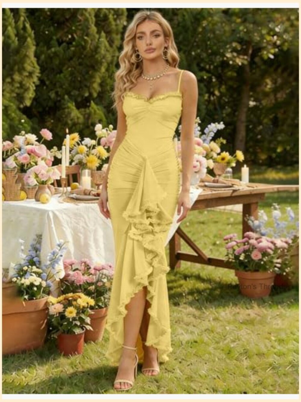 Mesh Layered Ruffle Bodycon Maxi Dress Ruched Spaghetti Strap Formal - Picture 5 of 7